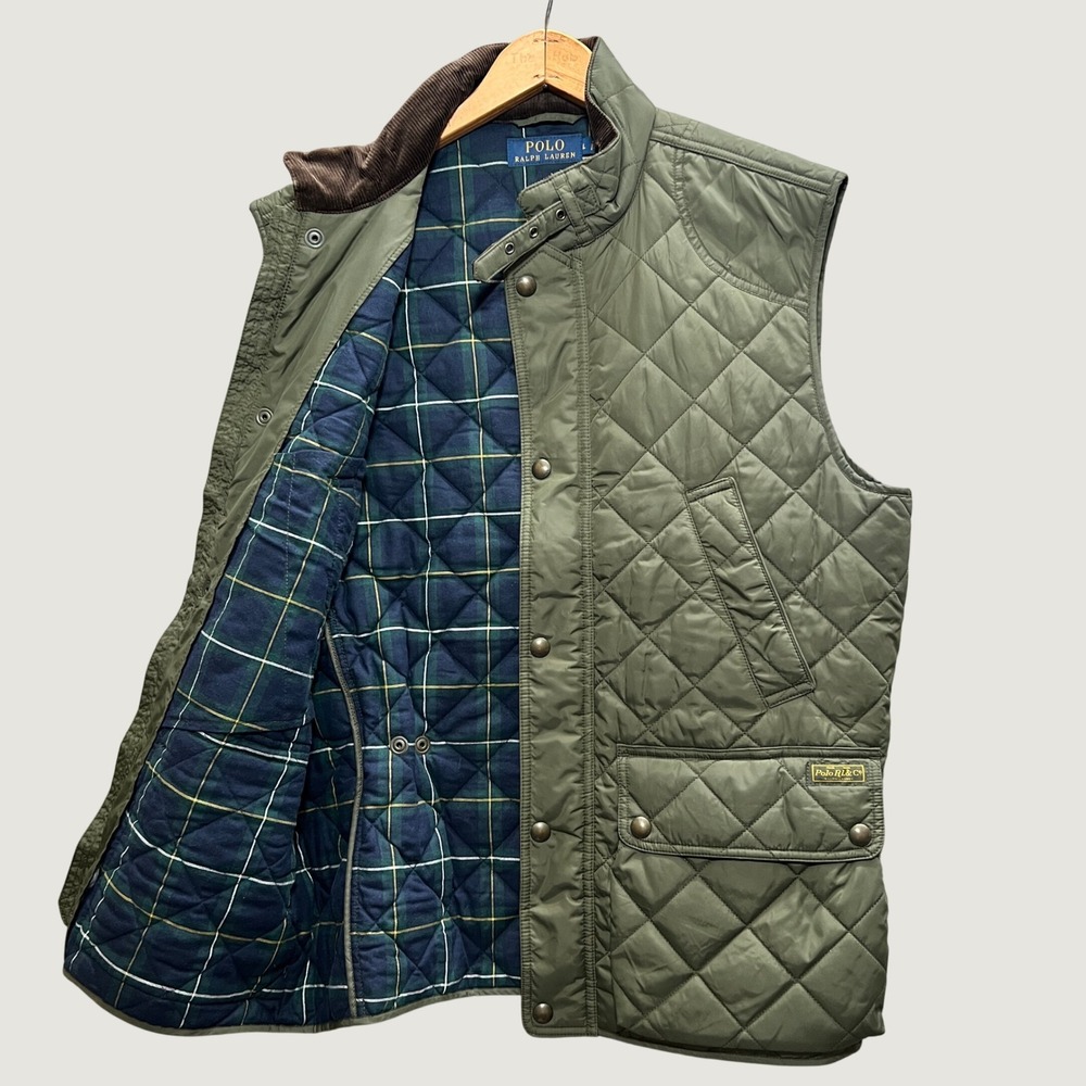 Polo Ralph Lauren Mens Quilted Vest Olive Green Plaid Lined Field Jacket Large